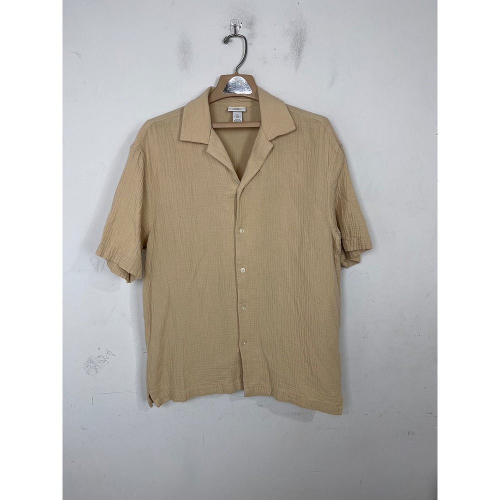 H&M Mens Beige Cotton Gauze Short Sleeve Button Up Shirt Regular Fit‎ Large L